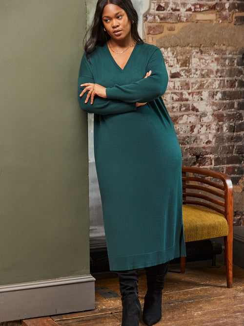 Green V Neck Knit Jumper Dress