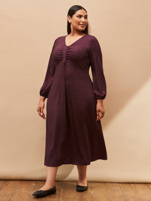 Purple Print Long Sleeve Pleat Front Midi Dress