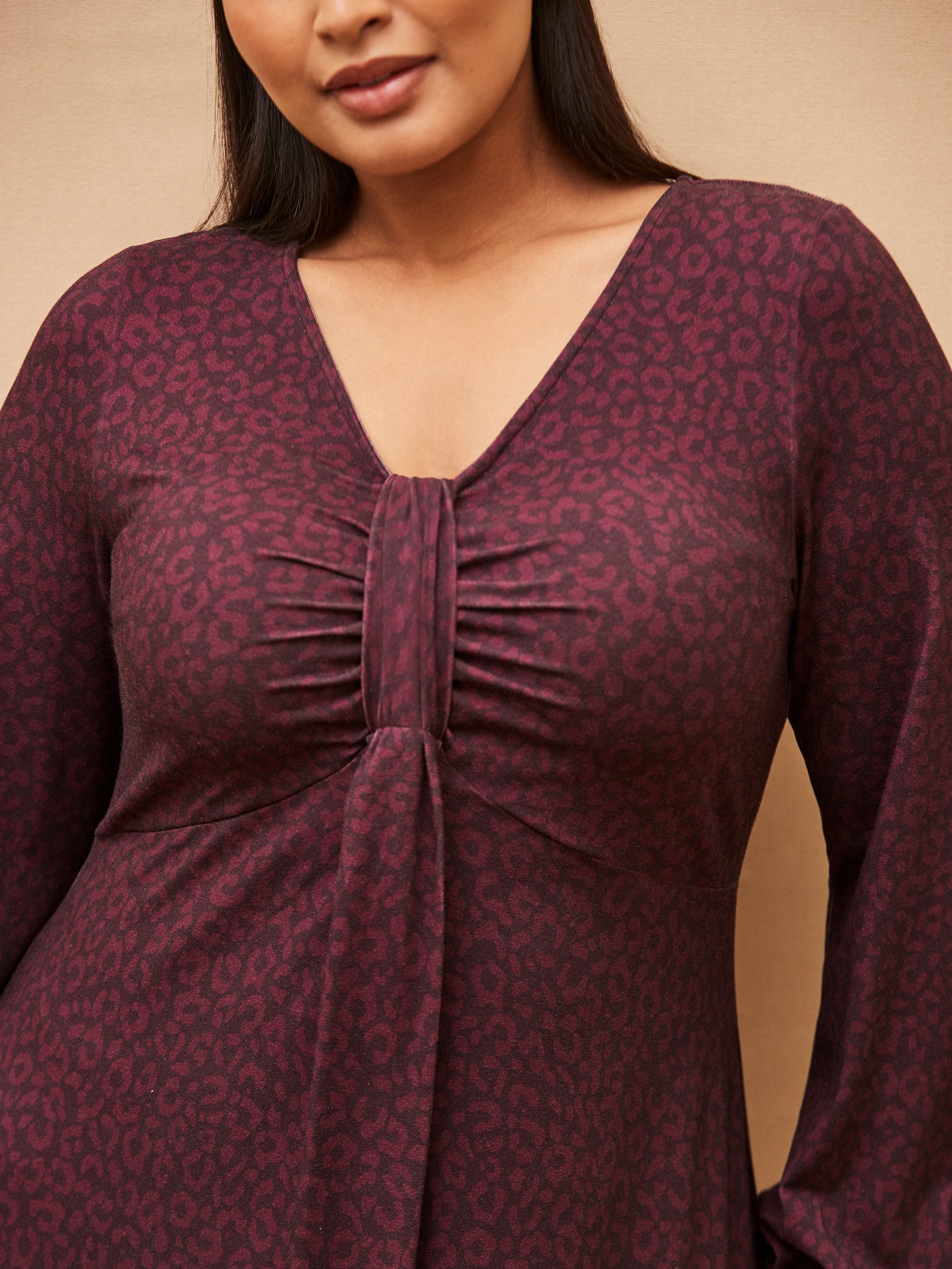 Burgundy Animal Print Jersey Pleat Front Midi Dress