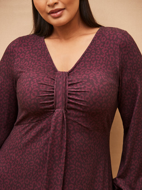 Purple Print Long Sleeve Pleat Front Midi Dress