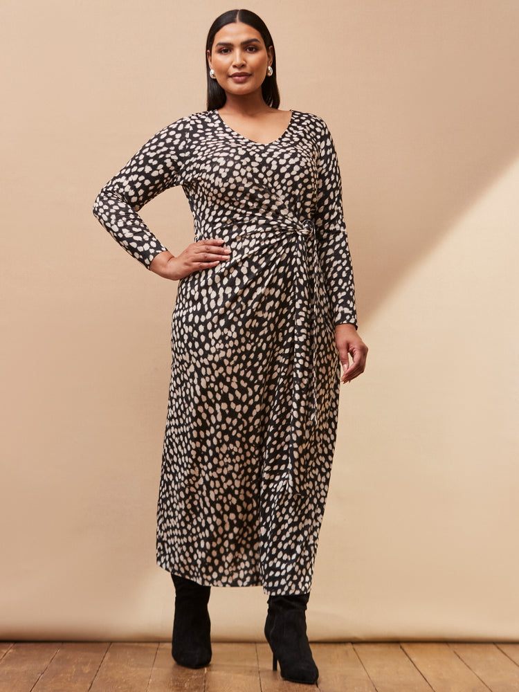 Black Animal Print Tie Side Jersey Dress