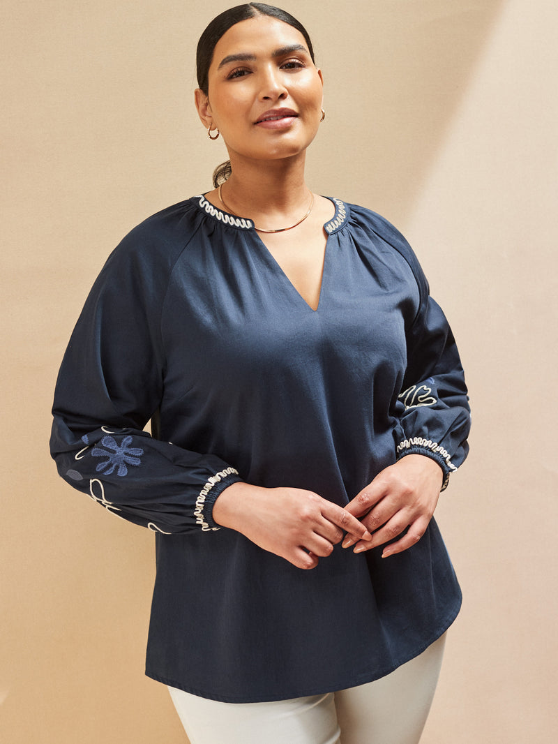 Navy Embroidered Blouse With Contrast Stitch Detail