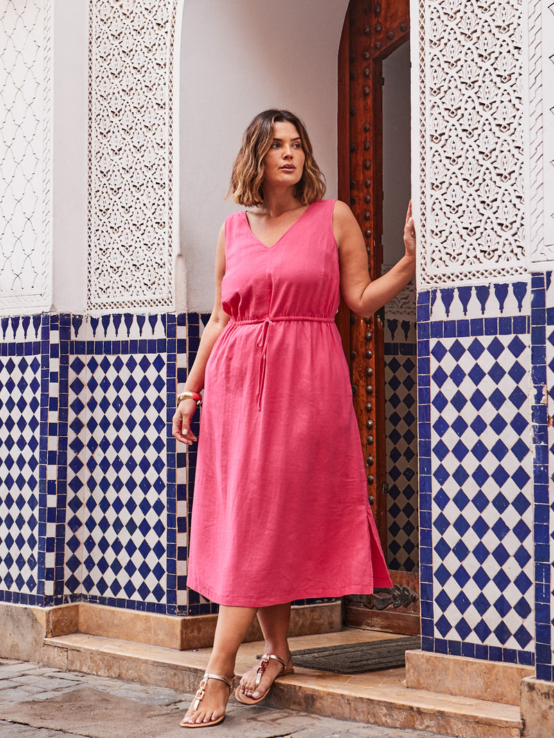 Pink Linen Blend Drawstring Dress