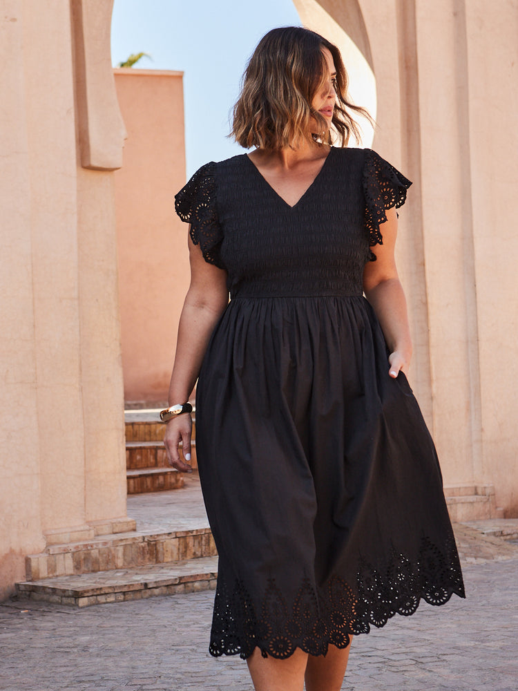 Black Broderie Shirred Dress