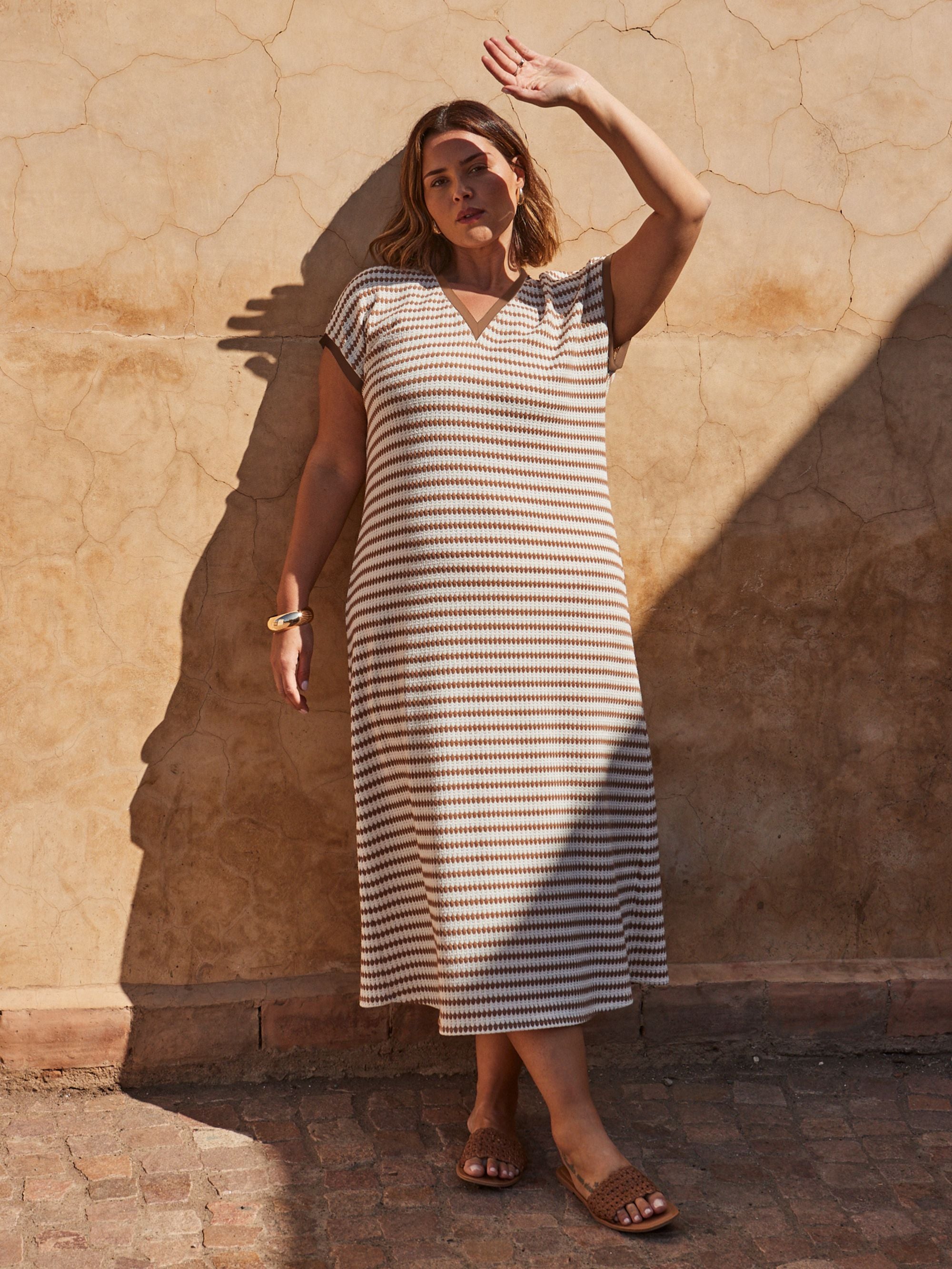 Contrast Stripe Crochet Dress With Rib Trim