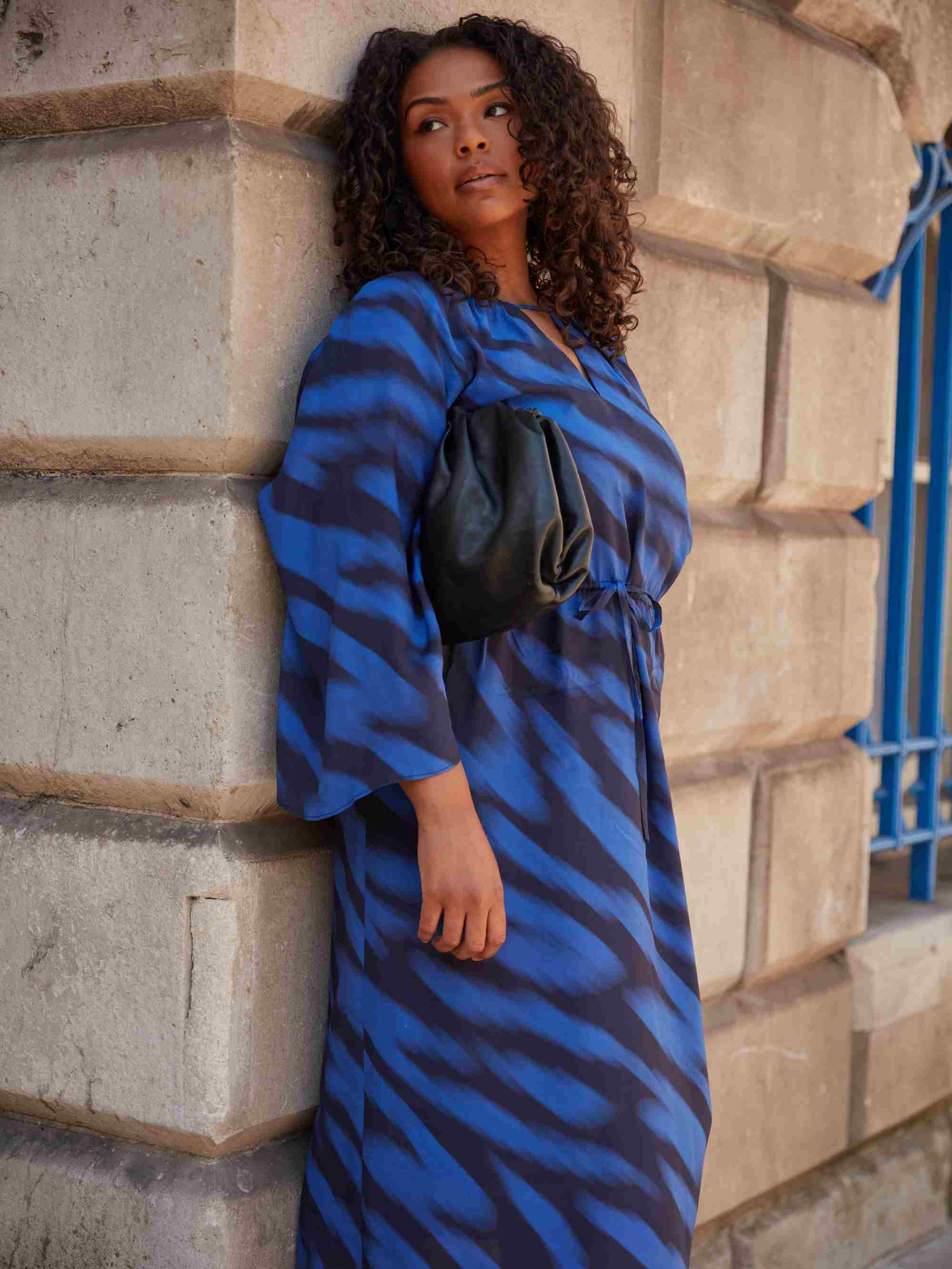 Blue Black Printed Tie Waist Midi Dress