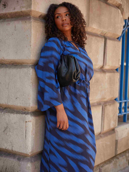 Blue & Black Printed Tie Waist Midi Dress