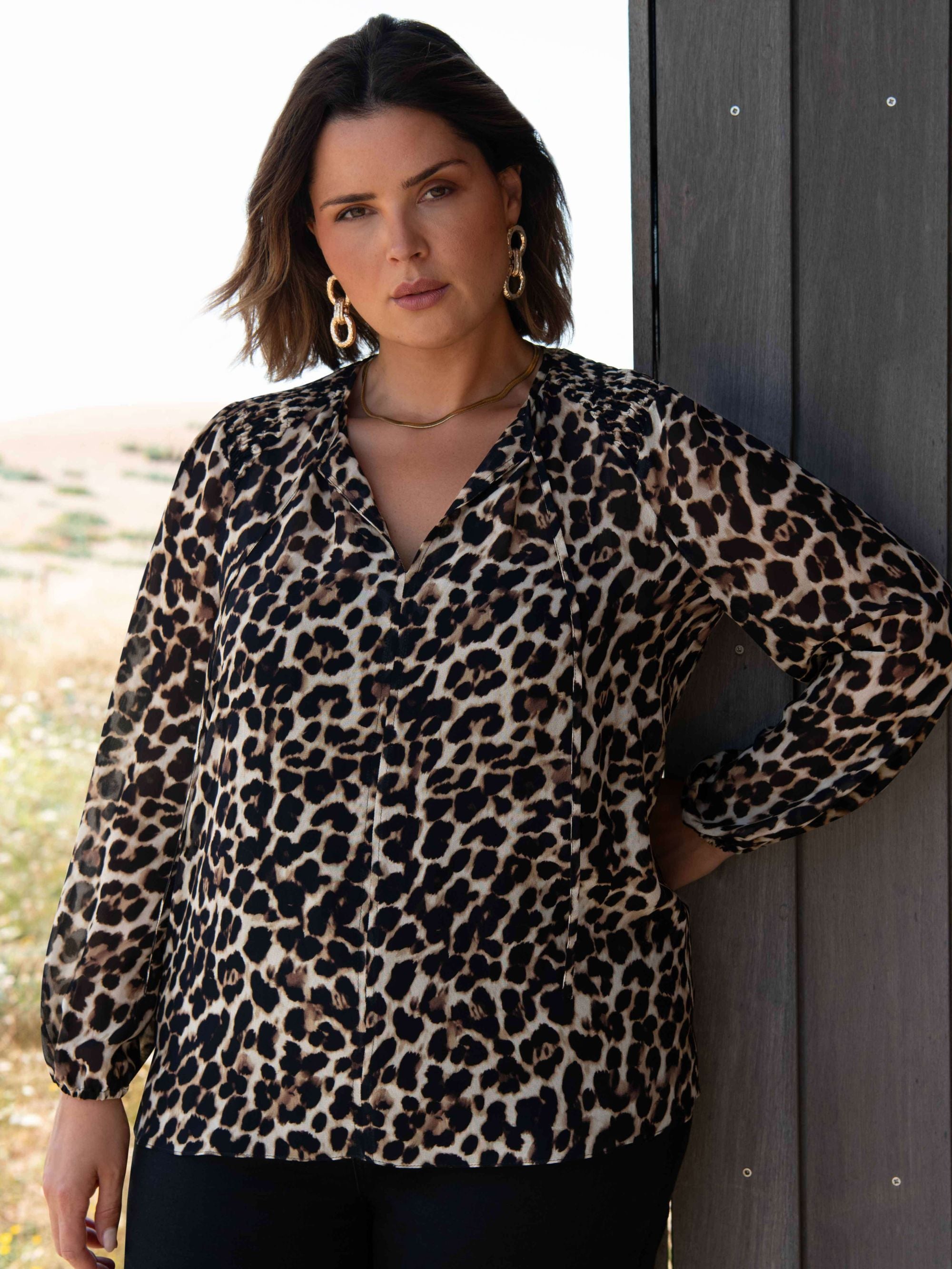 Leopard Print Shirred Blouse