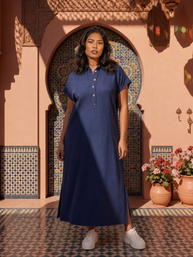 Navy Linen Blend Button Front Midaxi Shirt Dress
