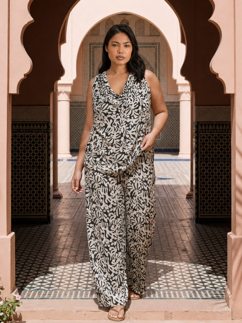 Mono Print Cowl Neck Crinkle Top