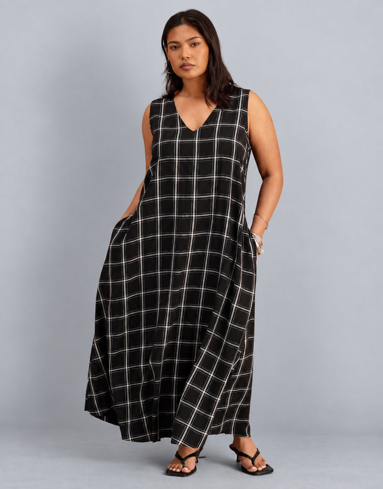 Black Check V Neck Maxi Dress