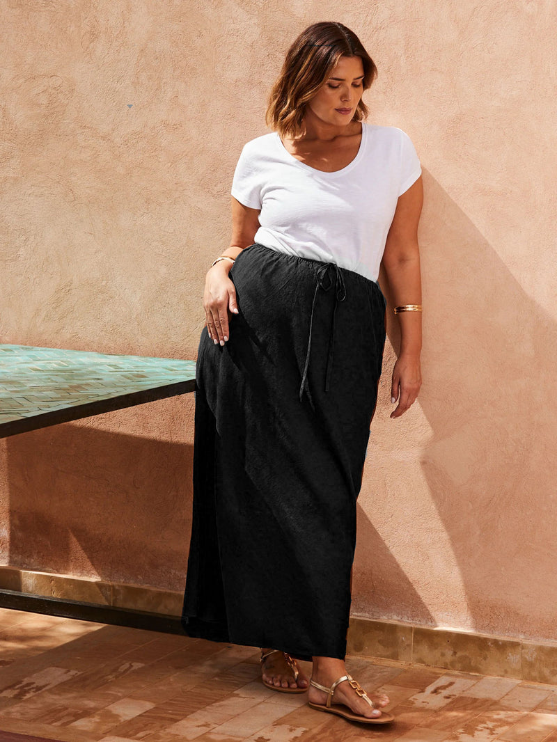 Black Linen Blend Midaxi Skirt