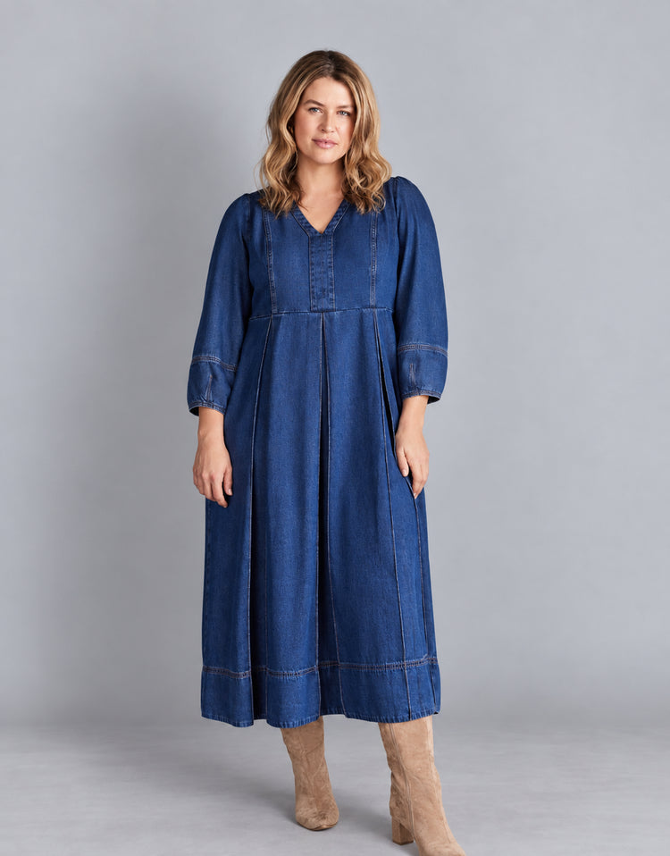 Blue Denim V Neck Dress