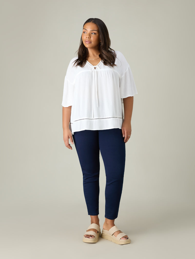 White Crinkle Tie Front Top
