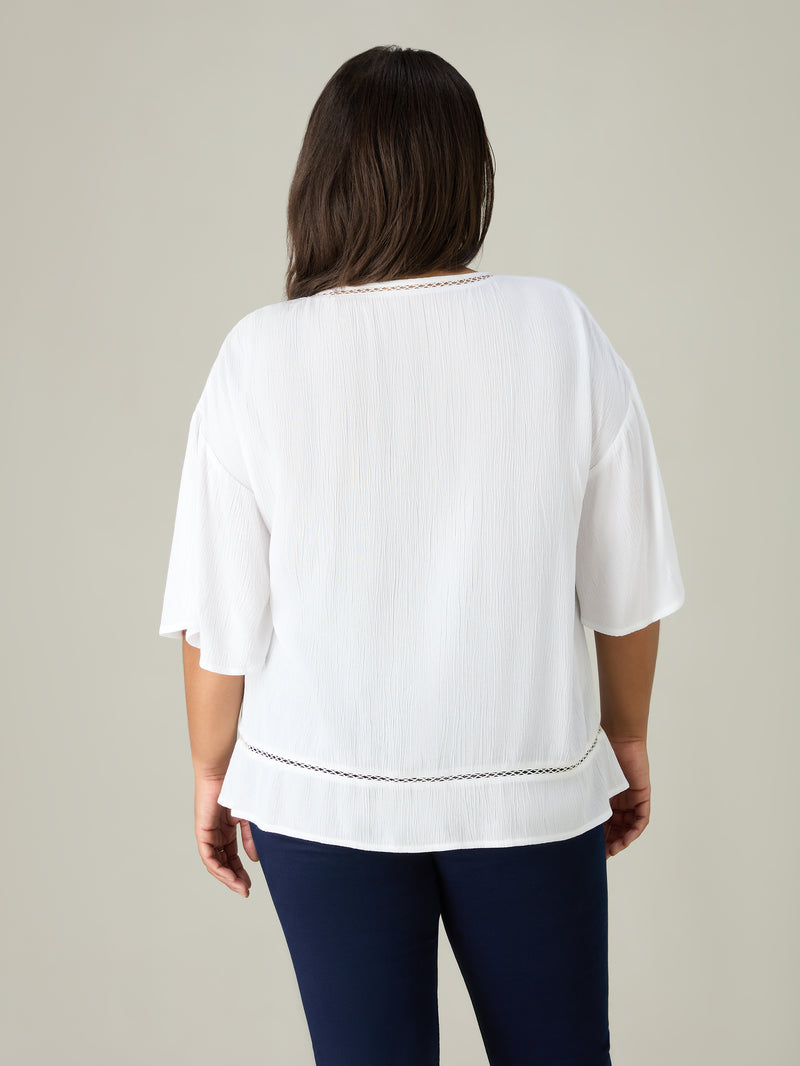 White Crinkle Tie Front Top