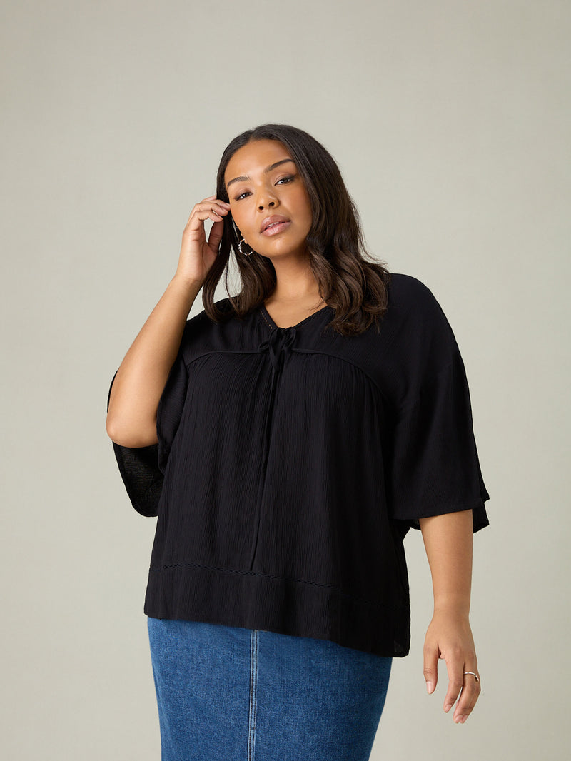 Black Crinkle Tie Front Top