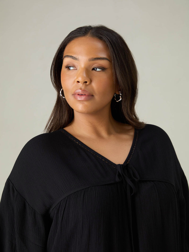 Black Crinkle Tie Front Top