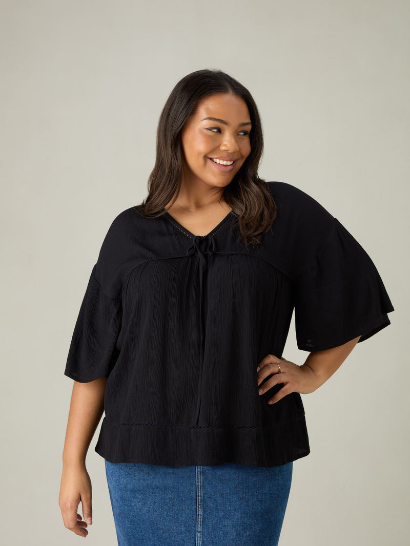 Black Crinkle Tie Front Top