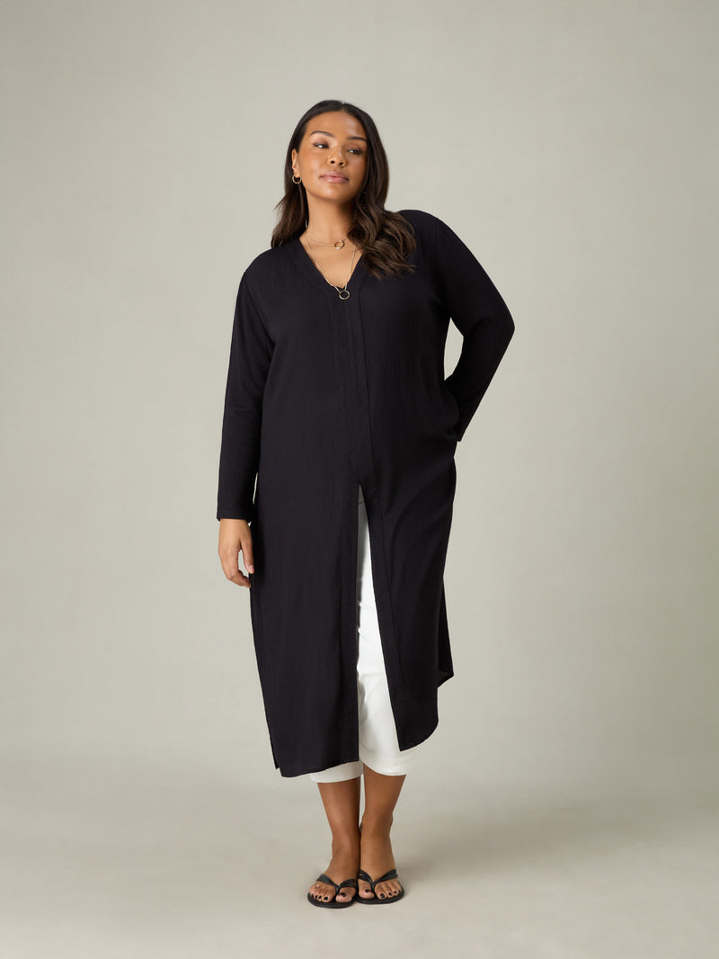 Black Crinkle Split Front Longline Tunic
