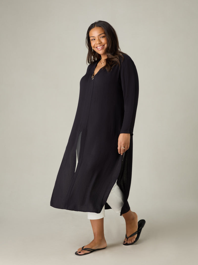 Black Crinkle Split Front Longline Tunic