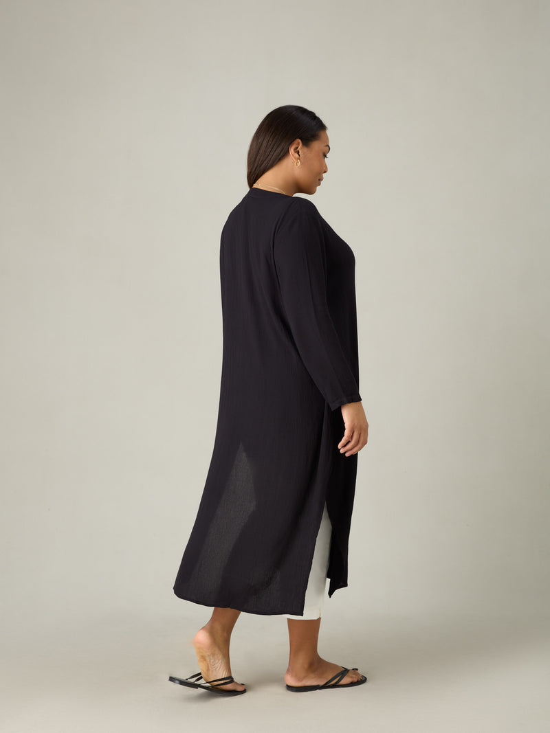 Black Crinkle Split Front Longline Tunic