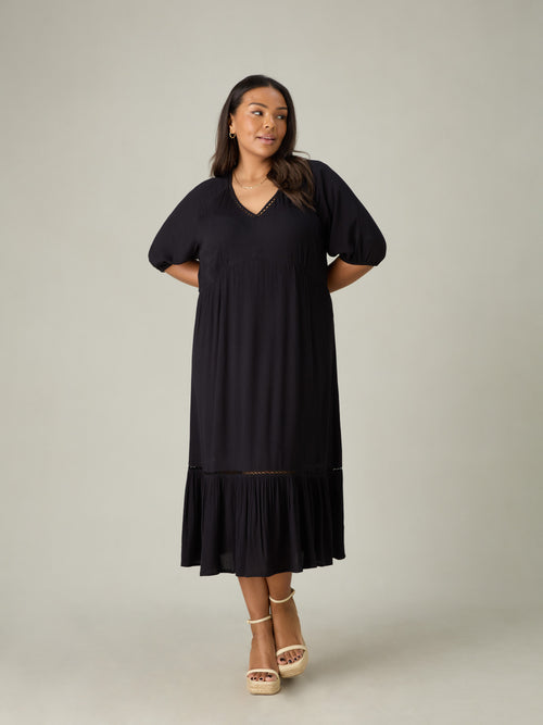 Black V-Neck Tiered Midi Dress