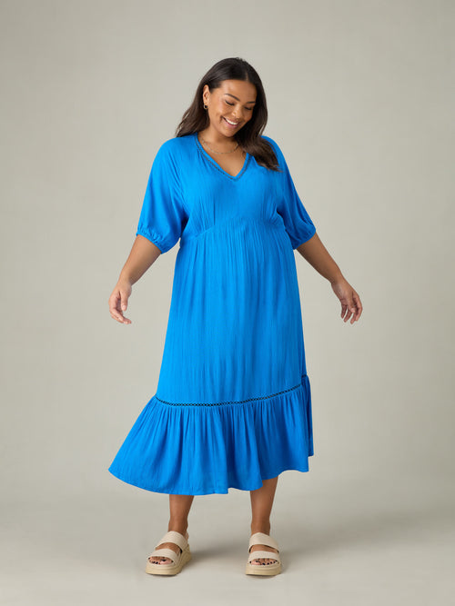Blue V-Neck Tiered Midi Dress