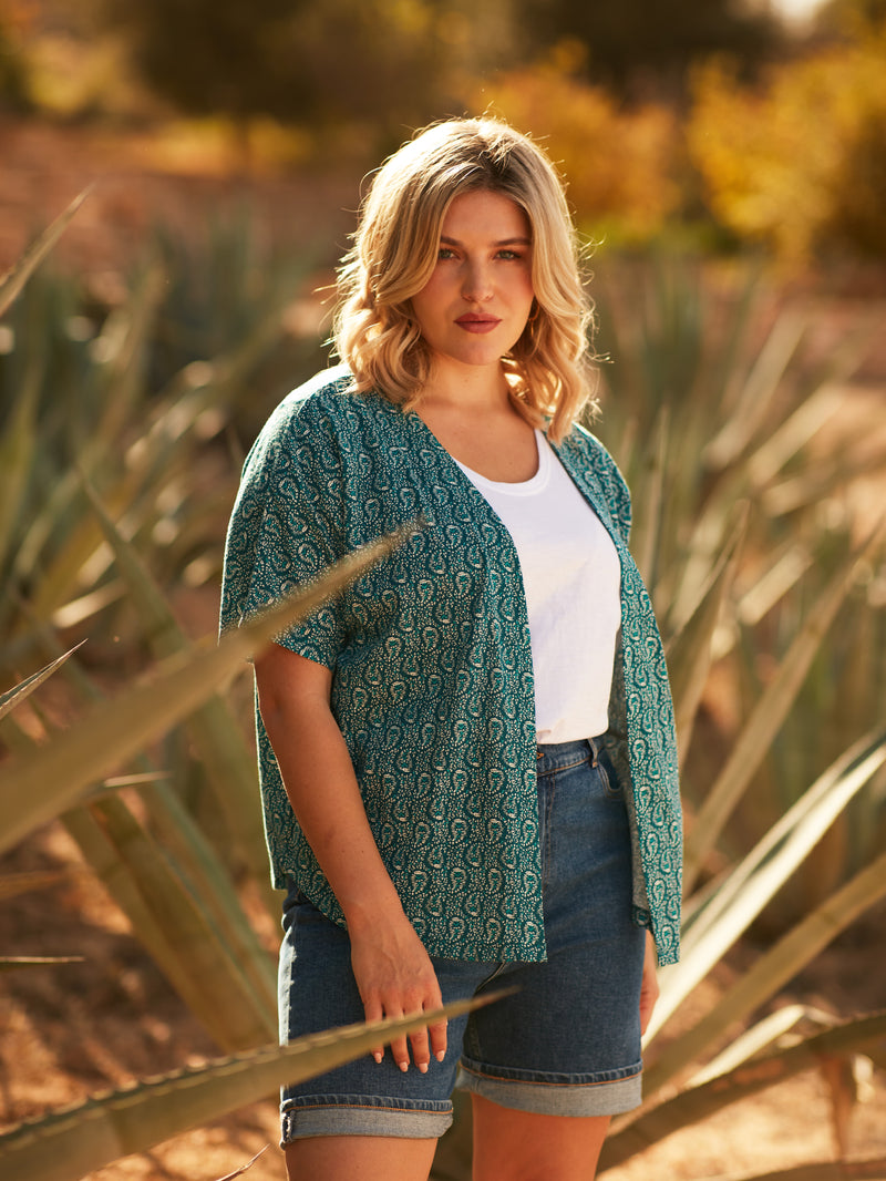 Green Paisley Print Jersey Kimono