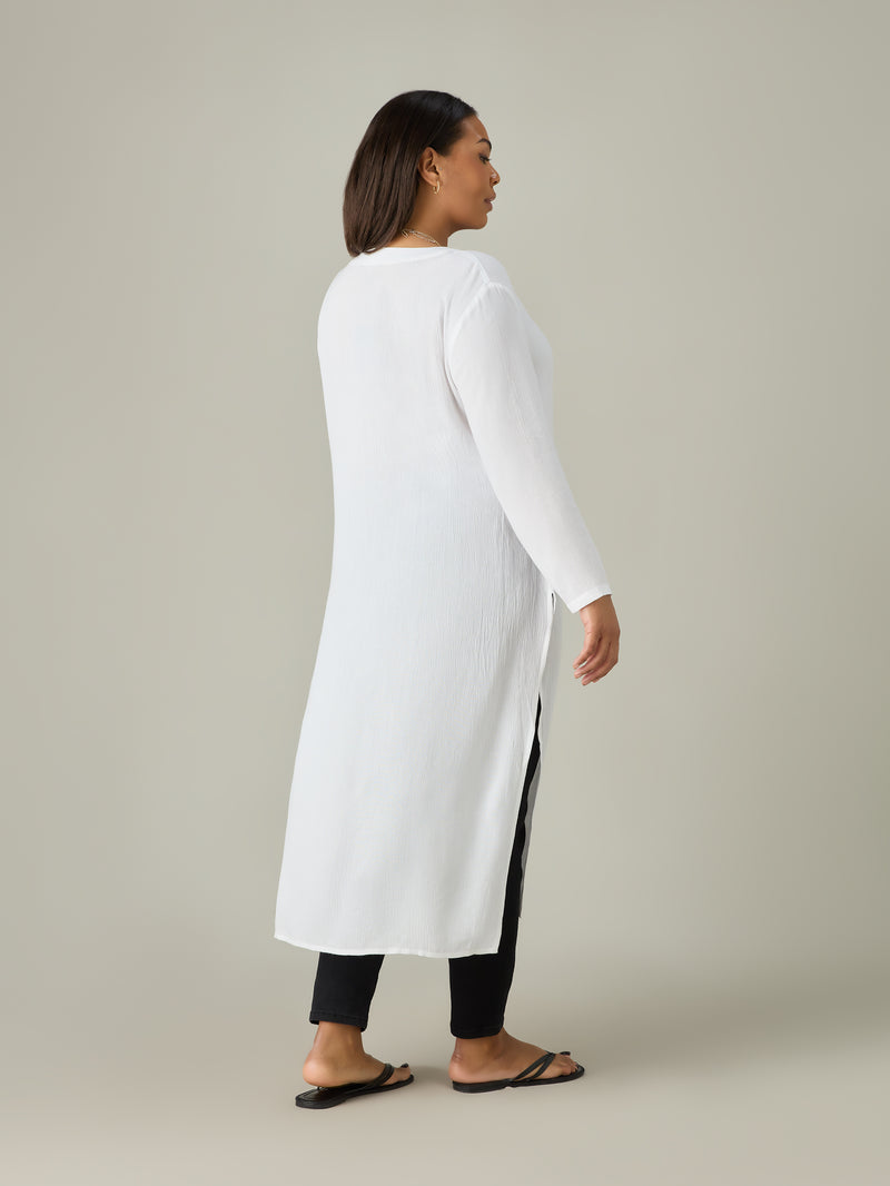 White Crinkle Split Front Longline Tunic