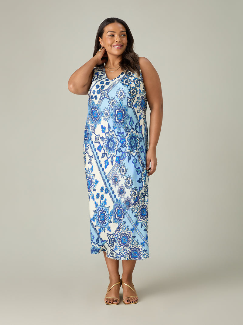 Blue Tile Print Bias Slip Dress