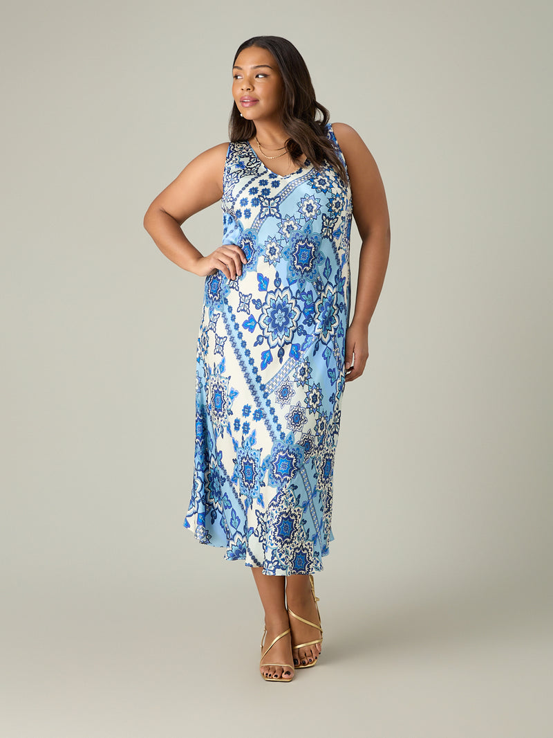 Blue Tile Print Bias Slip Dress