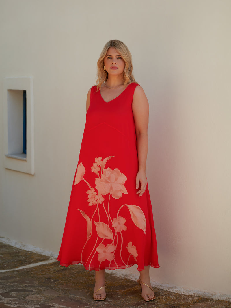 Red Floral Print Sleeveless Maxi Dress