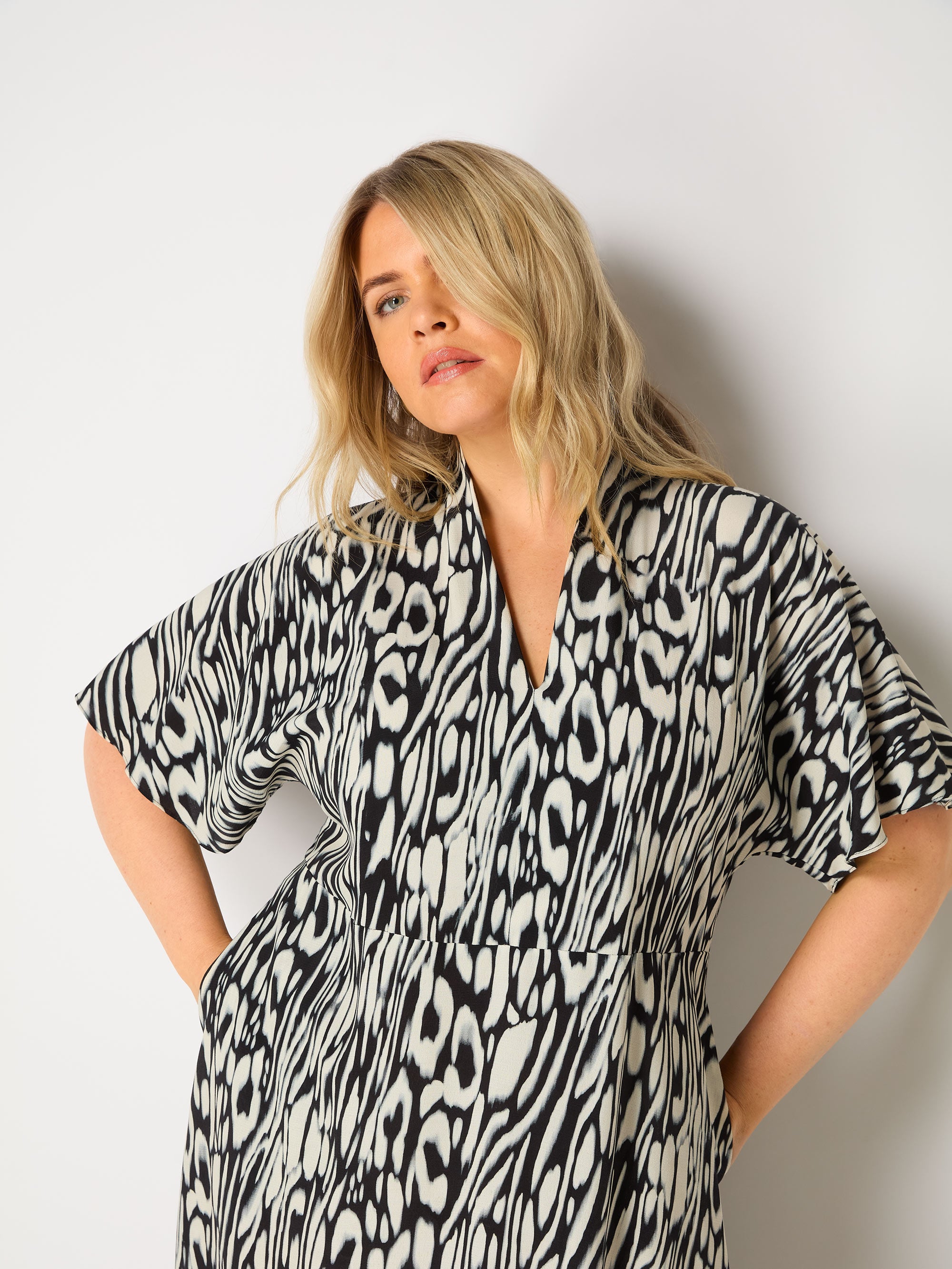 Abstract Leopard V-Neck Midi Dress