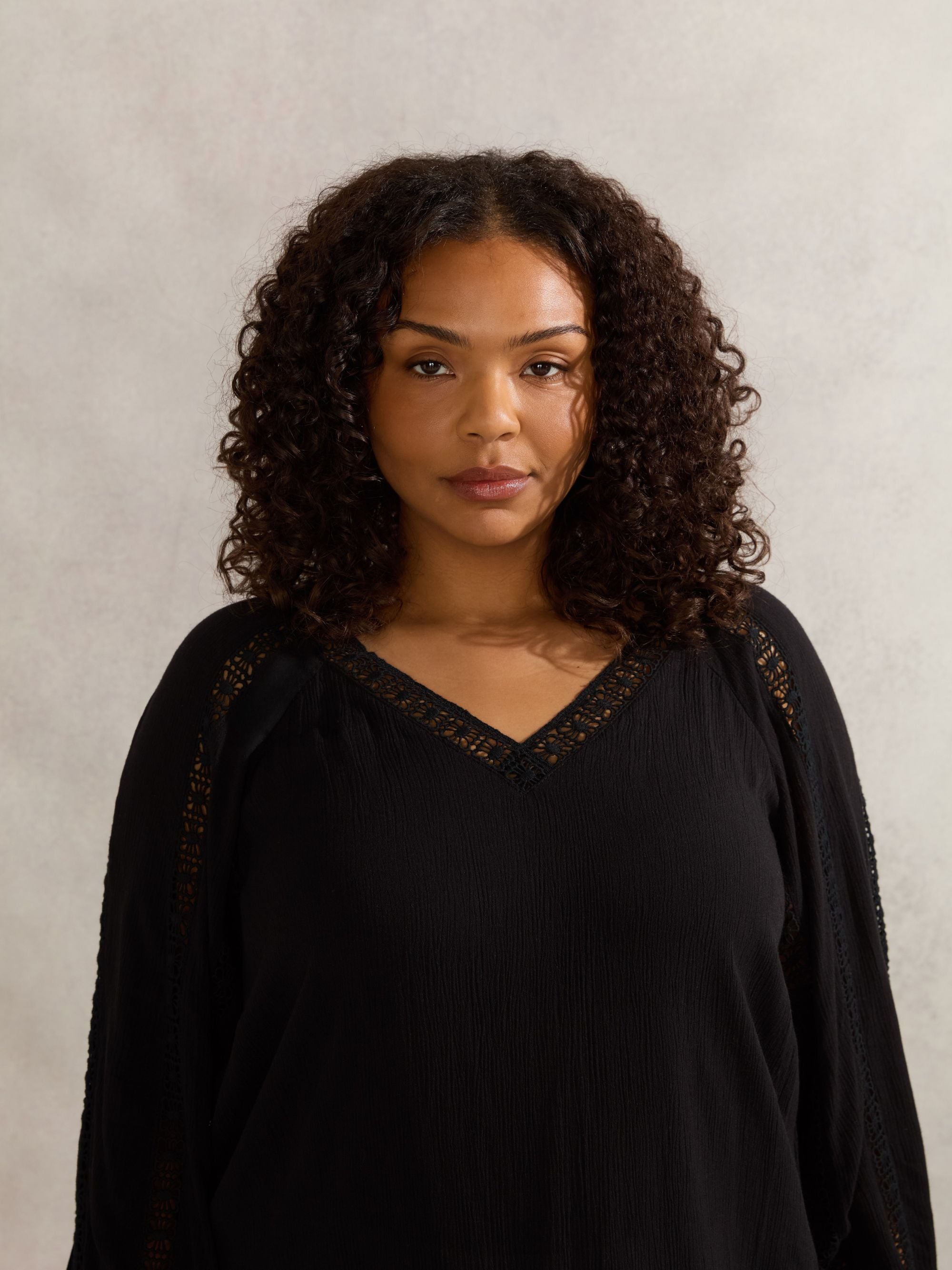 Black Crinkle Crochet Insert Blouse