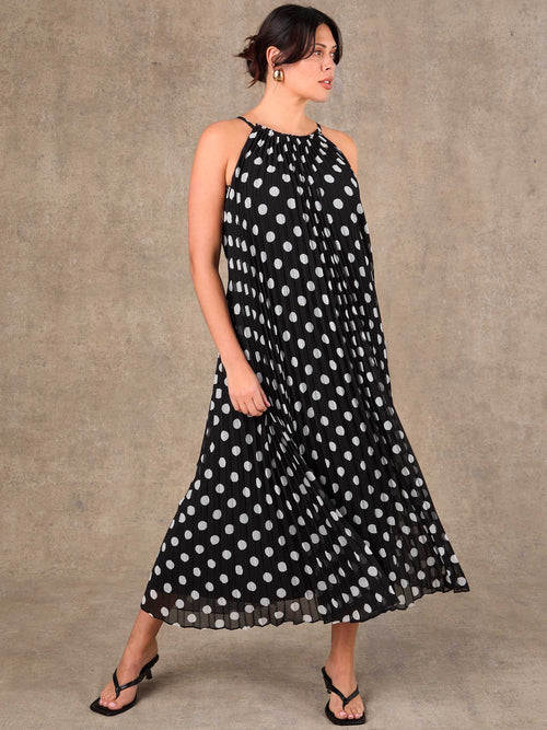 Plus size black spot print chiffon maxi dress with halter neckline for wedding guest occasionwear.