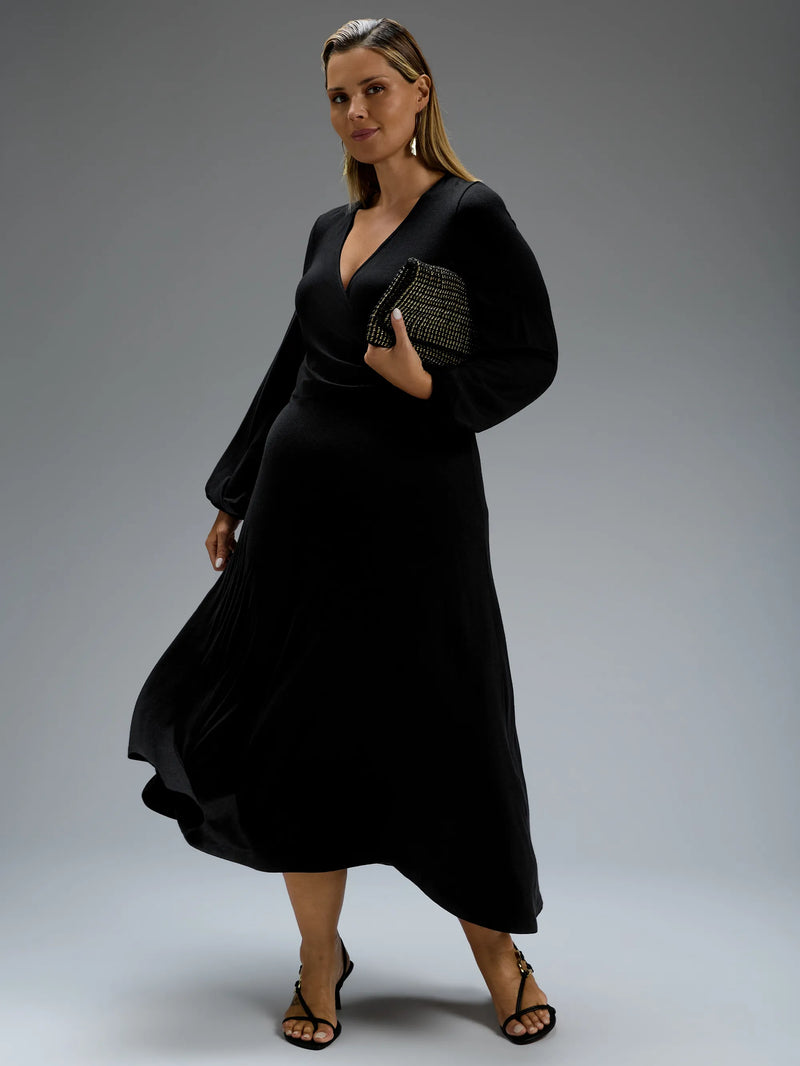 Black jersey wrap midi dress with long sleeves.