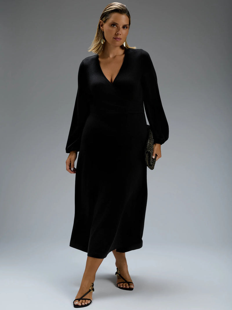 Black jersey wrap midi dress with long sleeves.