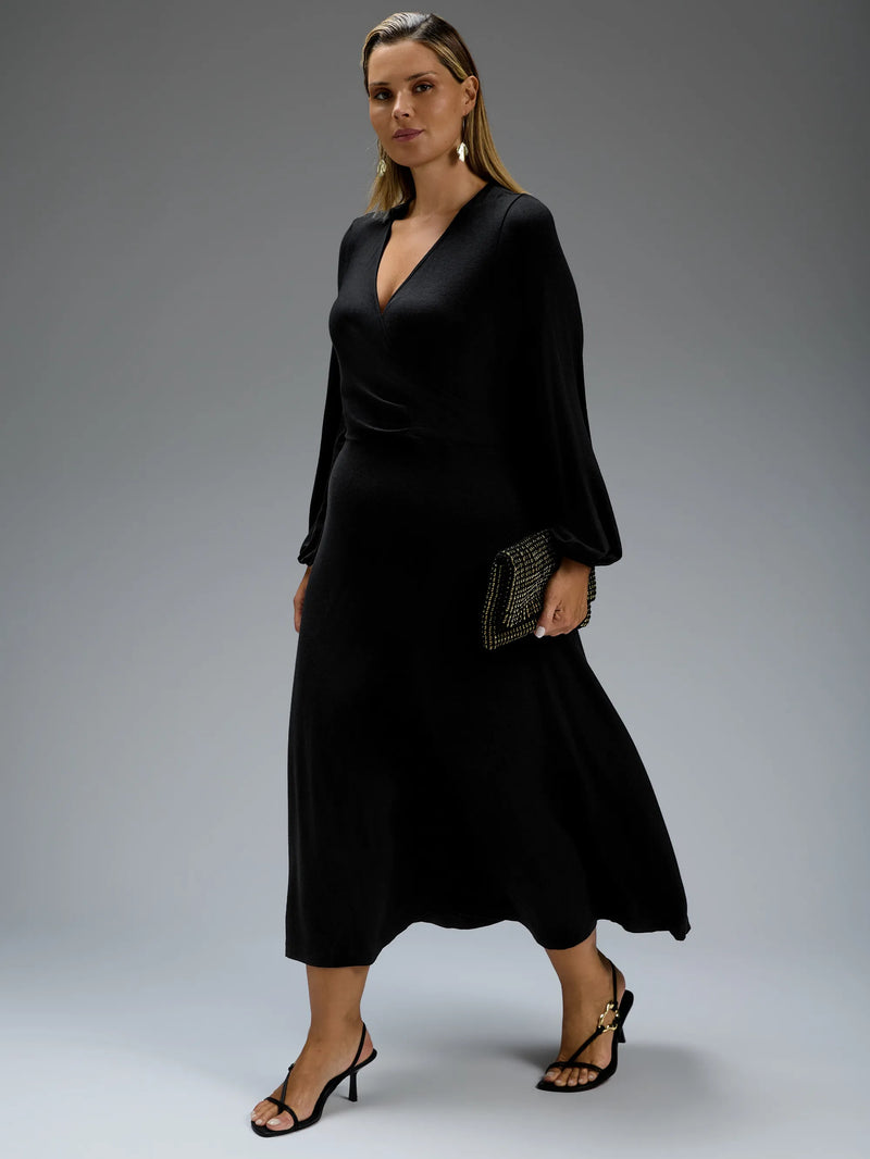 Black jersey wrap midi dress with long sleeves.