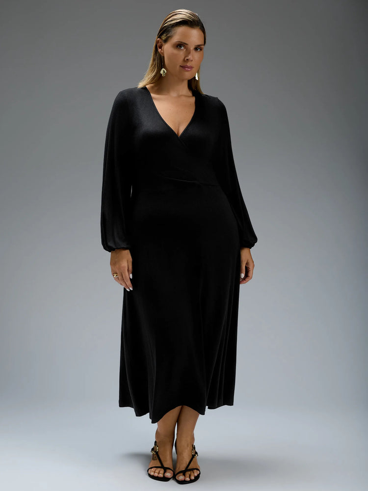 Black jersey wrap midi dress with long sleeves.