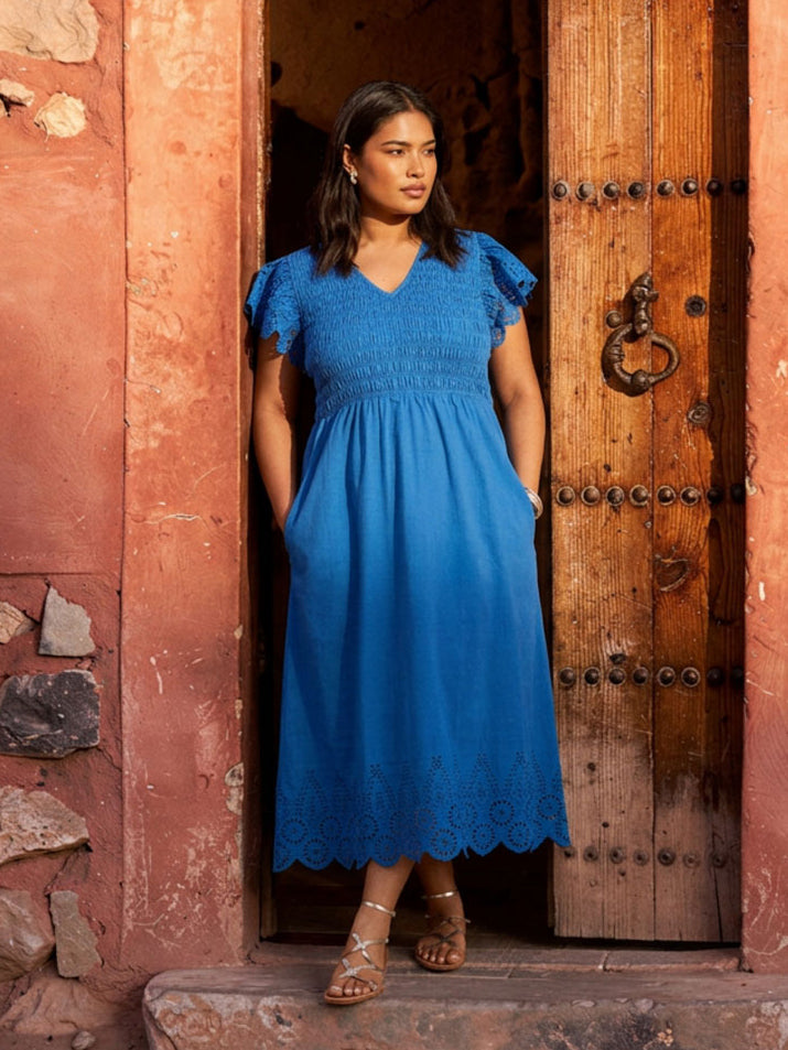 Blue Shirred Broderie Cotton Midi Dress