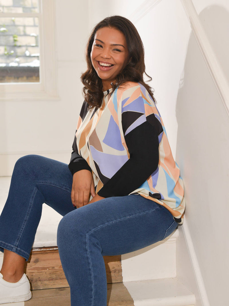Multi Scarf Print Satin & Jersey Contrast Top