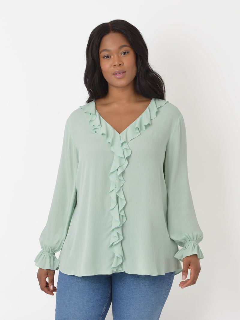 Sage Green Crinkle Ruffle Blouse