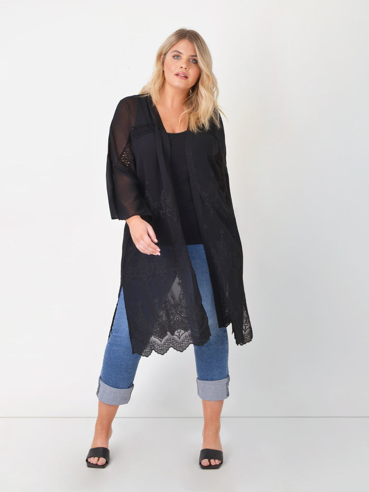 Black Embroidered Chiffon Kimono