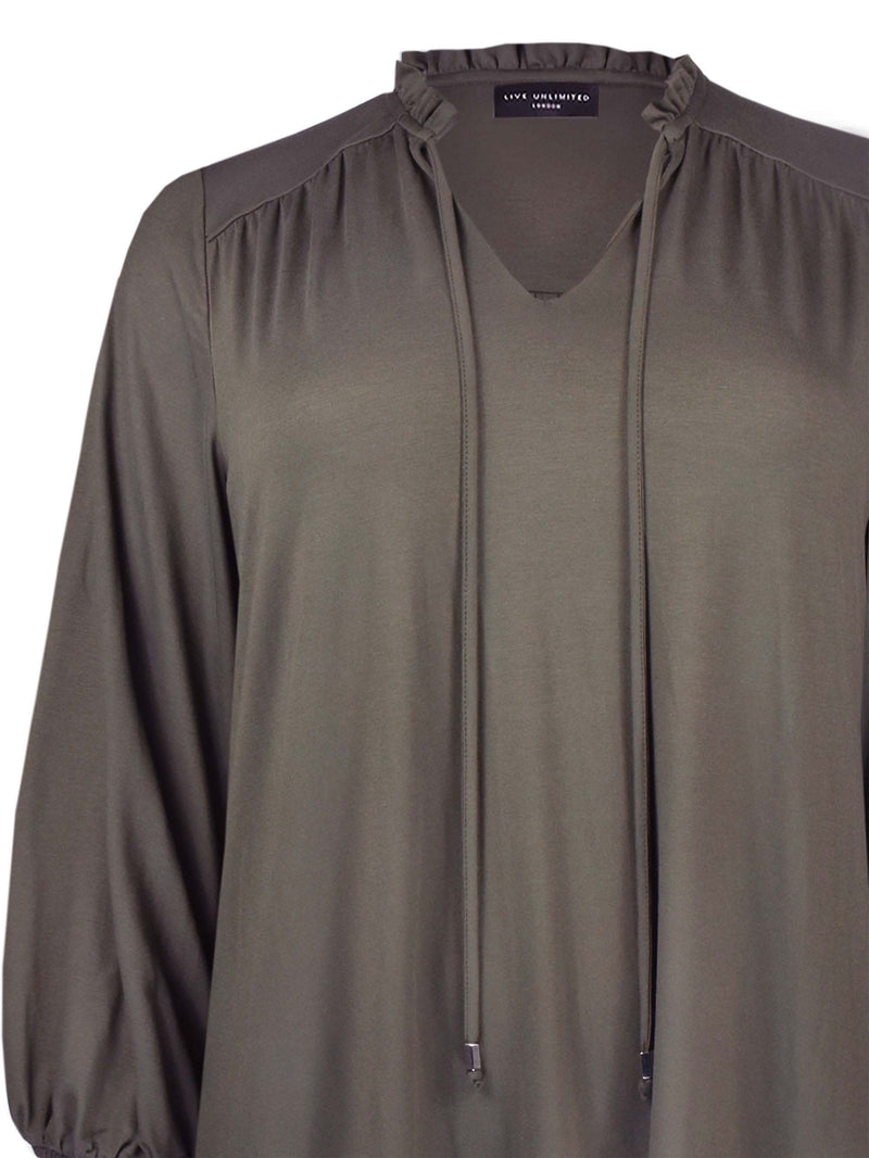 Khaki Jersey Tie Neck Detail Top