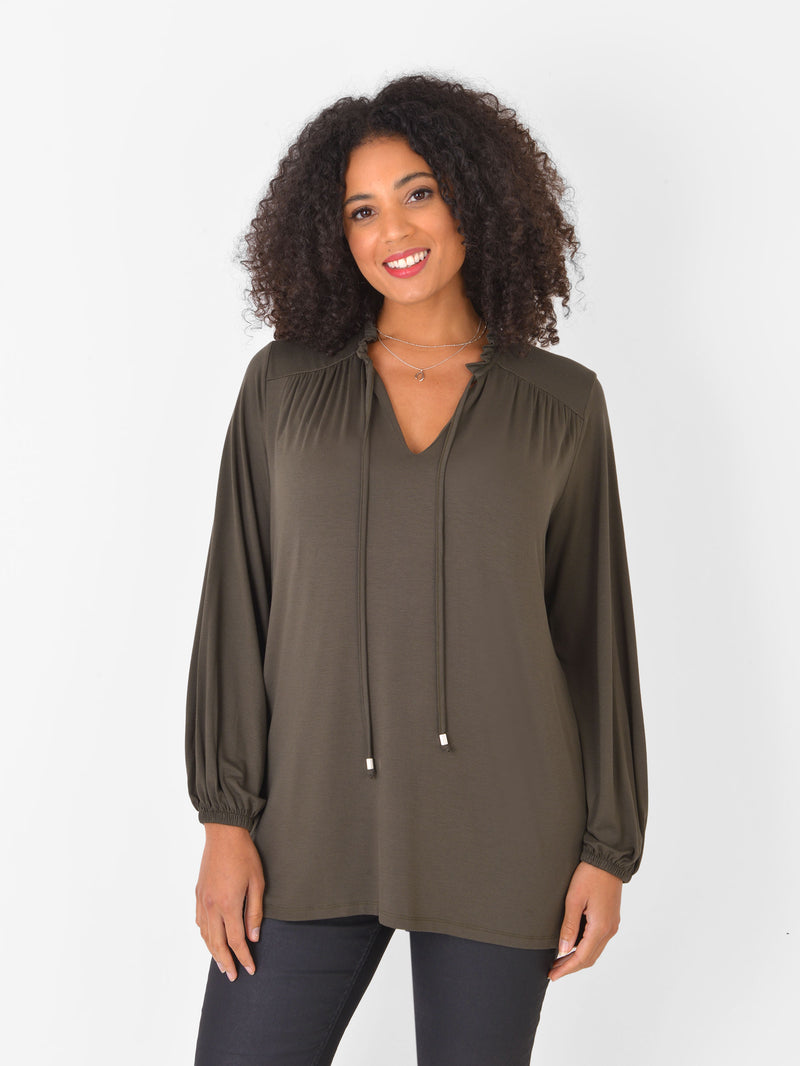Khaki Jersey Tie Neck Detail Top