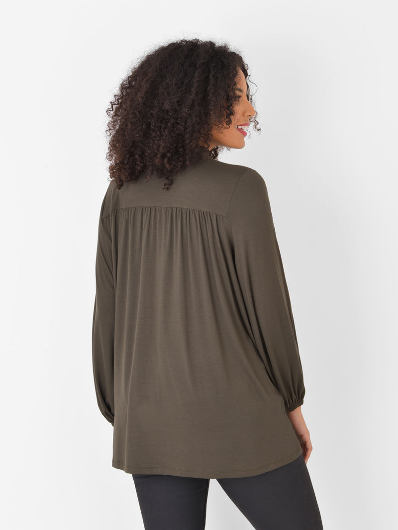 Khaki Jersey Tie Neck Detail Top