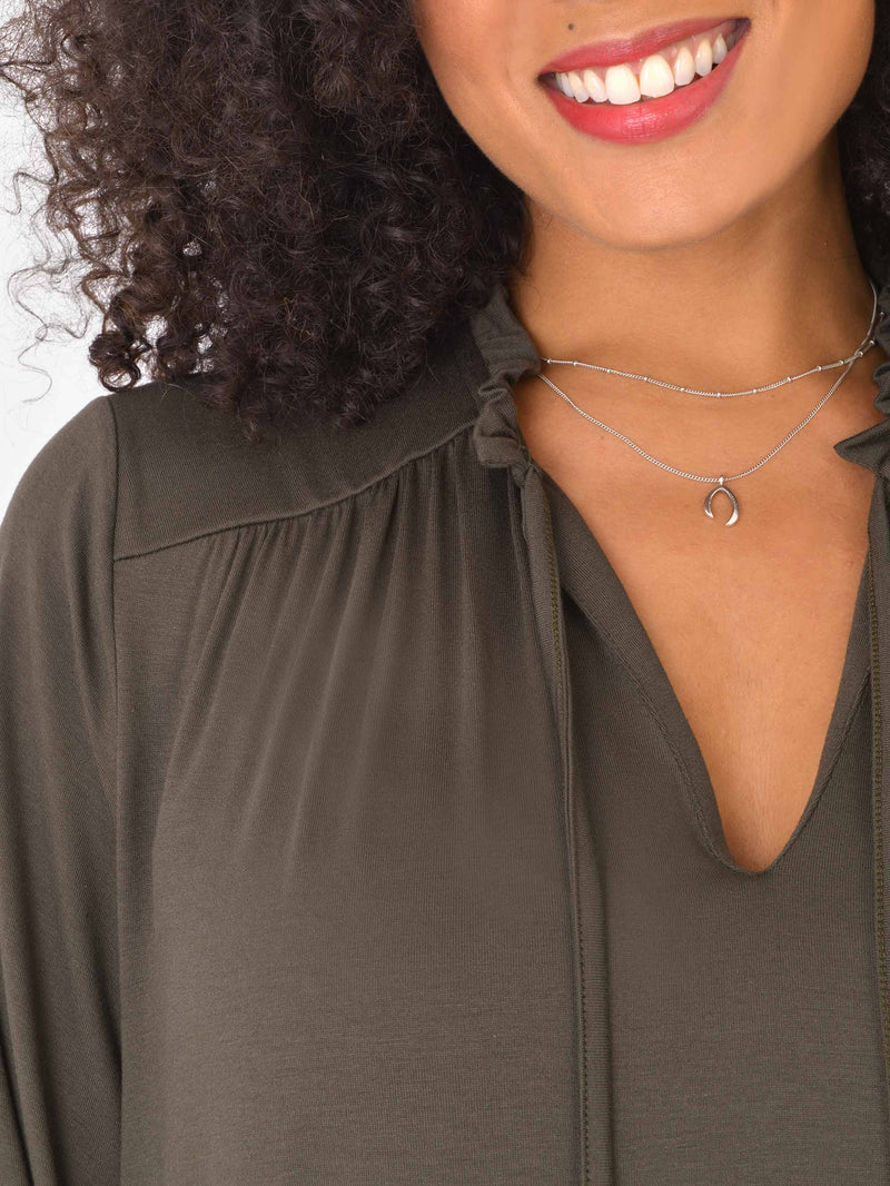 Khaki Jersey Tie Neck Detail Top