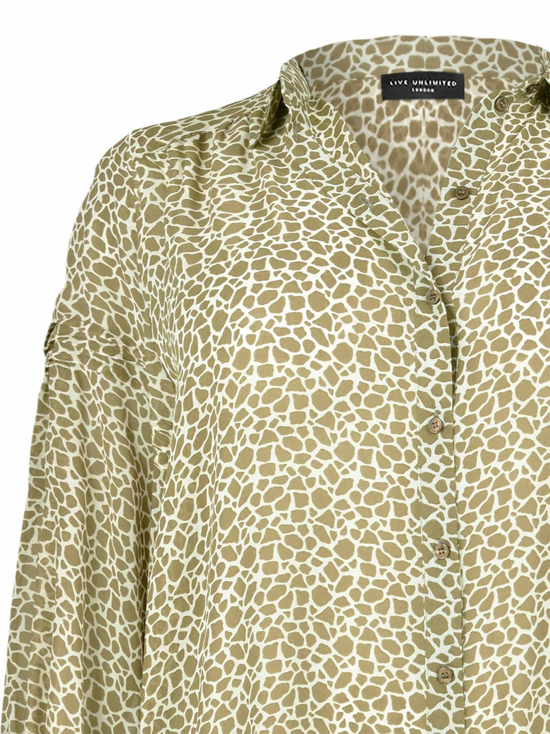 Khaki Animal Pleat Sleeve Longline Blouse