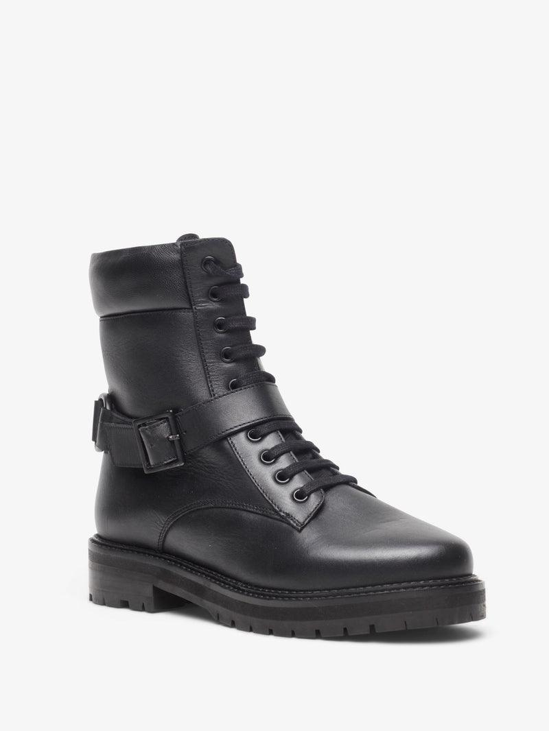 Black Wide Fit Buckle Detail Leather Biker Boots
