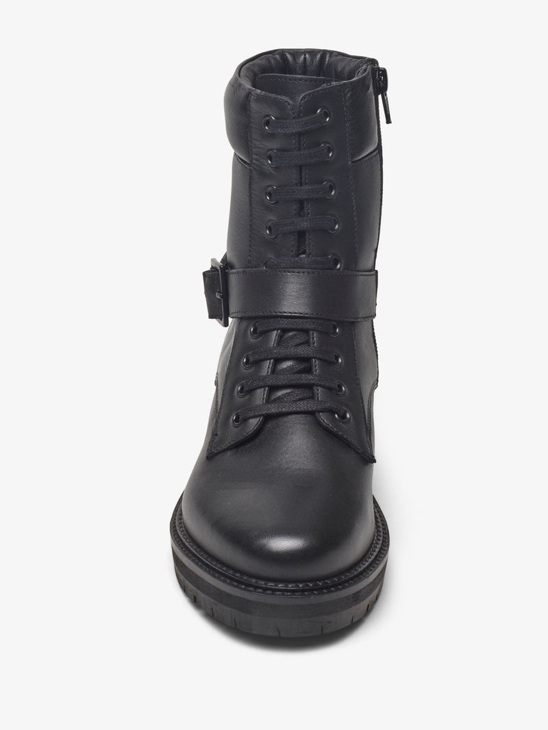 Black Wide Fit Buckle Detail Leather Biker Boots